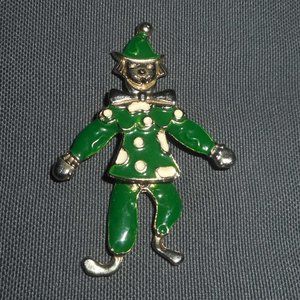 Articulated Clown Pin/Brooch, Green Enamel On Gold-Tone Metal, Dangling Legs